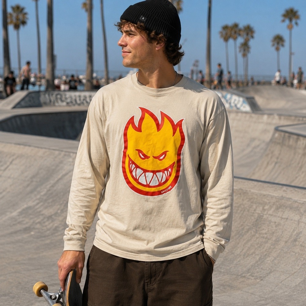 Spitfire Wheels Bighead Logo Tan Long Sleeve T-Shirt Mens Large Skateboarding